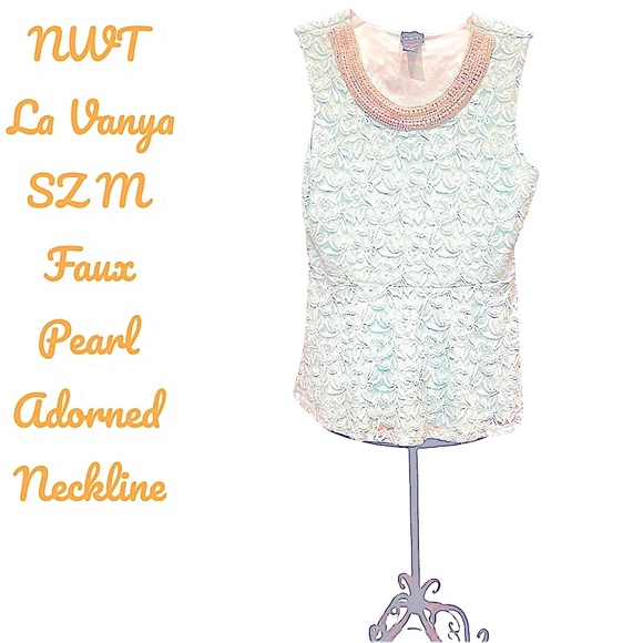 NWT La Vanya faux pearl adorned neckline Mint Green Lacey blouse SZMED Pull over - Picture 7 of 7